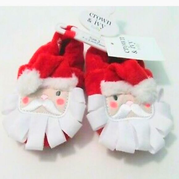 NWT Crown and Ivy Unisex Baby 5 Santa Shoes Christmas Slippers Slip On Red White - Picture 5 of 13